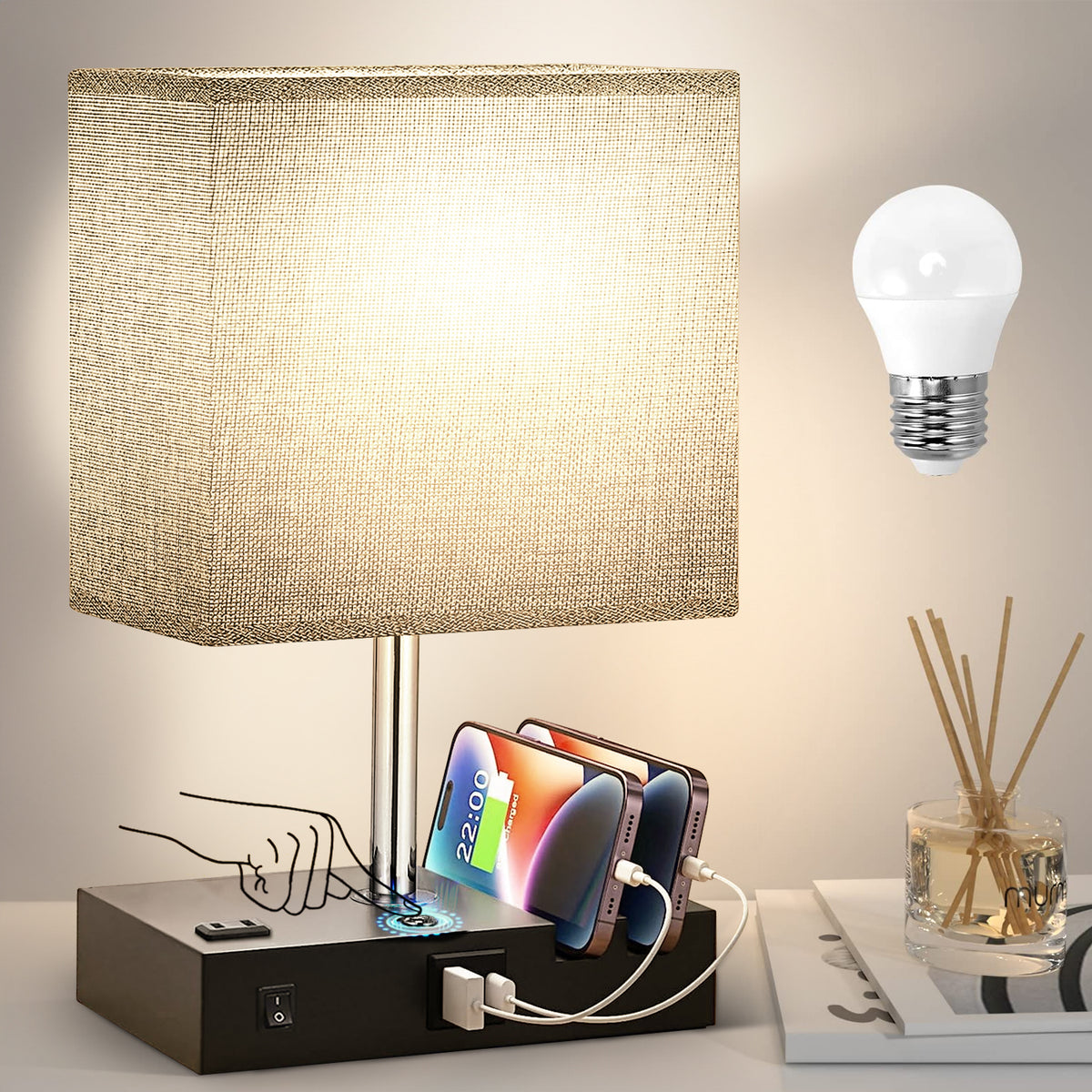 Bedside Table Lamp for Bedroom, Brochao Nightstand Lamp with AC Outlet Port, 2 USB Charging Ports & 2 Phone Stands, 3 Way Dimmable Touch Lamp for Living Room, Dorm, Office