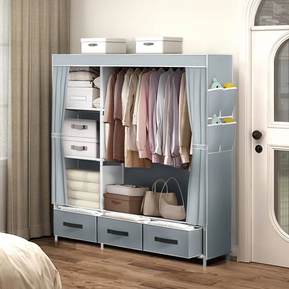 Portable Closet,Brochao Portable Wardrobe with 3 Drawer and 4 Storage Shelves and Side Pocket for Clothes Storage Organizer
