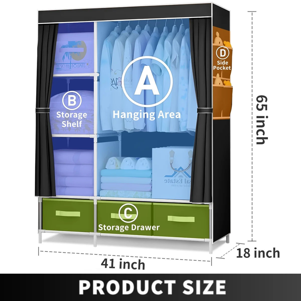 Portable Closet,Brochao Portable Wardrobe with 3 Drawer and 4 Storage Shelves and Side Pocket for Clothes Storage Organizer