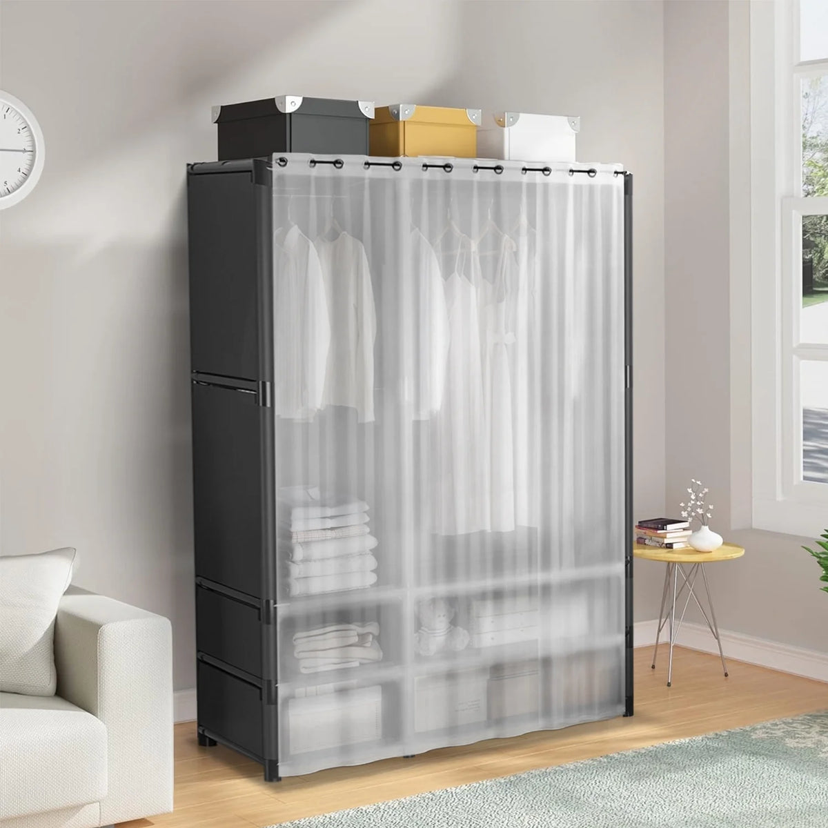 Portable Closet,Large Portable Wardrobe with 2 Hanging  & 4 Storage Shelves, Sturdy Clothes Storage Cabinet with Curtain for Living Room, Clothes Room