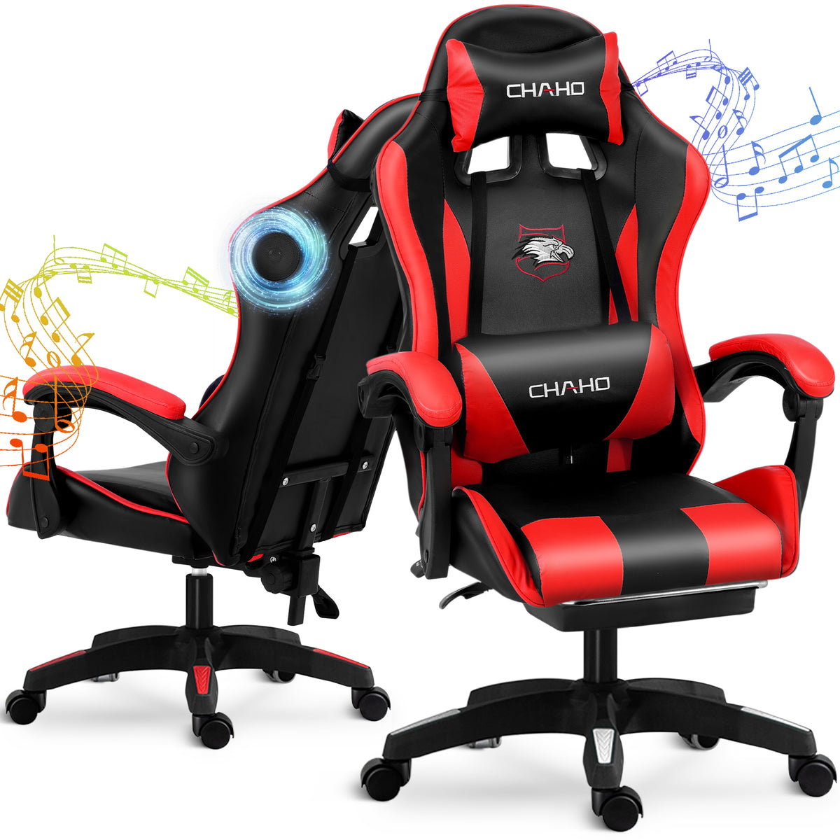 Gaming Chair, CHAHO Ergonomic Office Chair Computer Racing Chair with Footrest Lumbar Support Headrest and Bluetooth Speakers for adults, Red/White