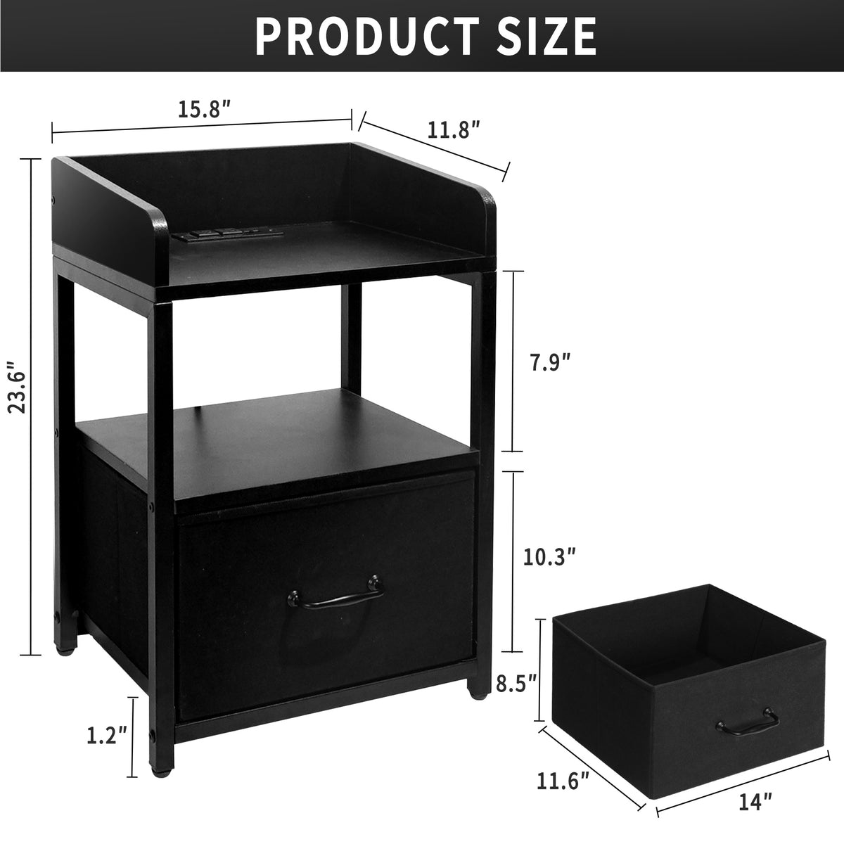 Brochao Nightstand with Charging Station, LED Light Night Stand with Fabric Drawers, Bedside Tables for Bedroom, Black