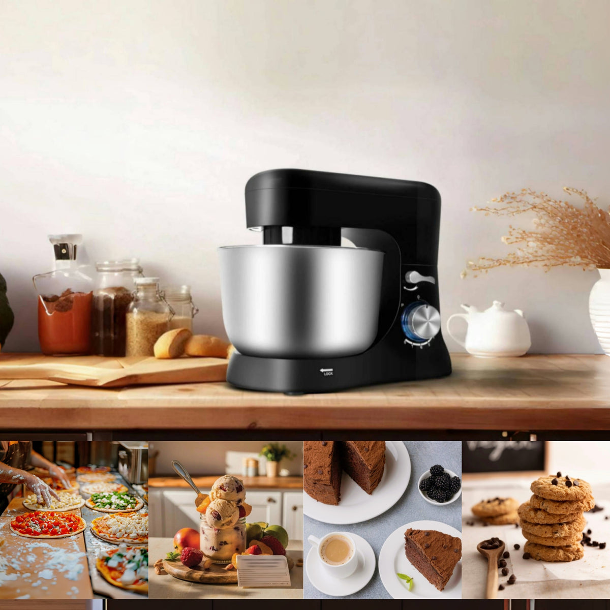Brochao Stand Mixer, 5Qt 7-Speed with Dough Hook, Wire Whisk and Egg White Separator, Black