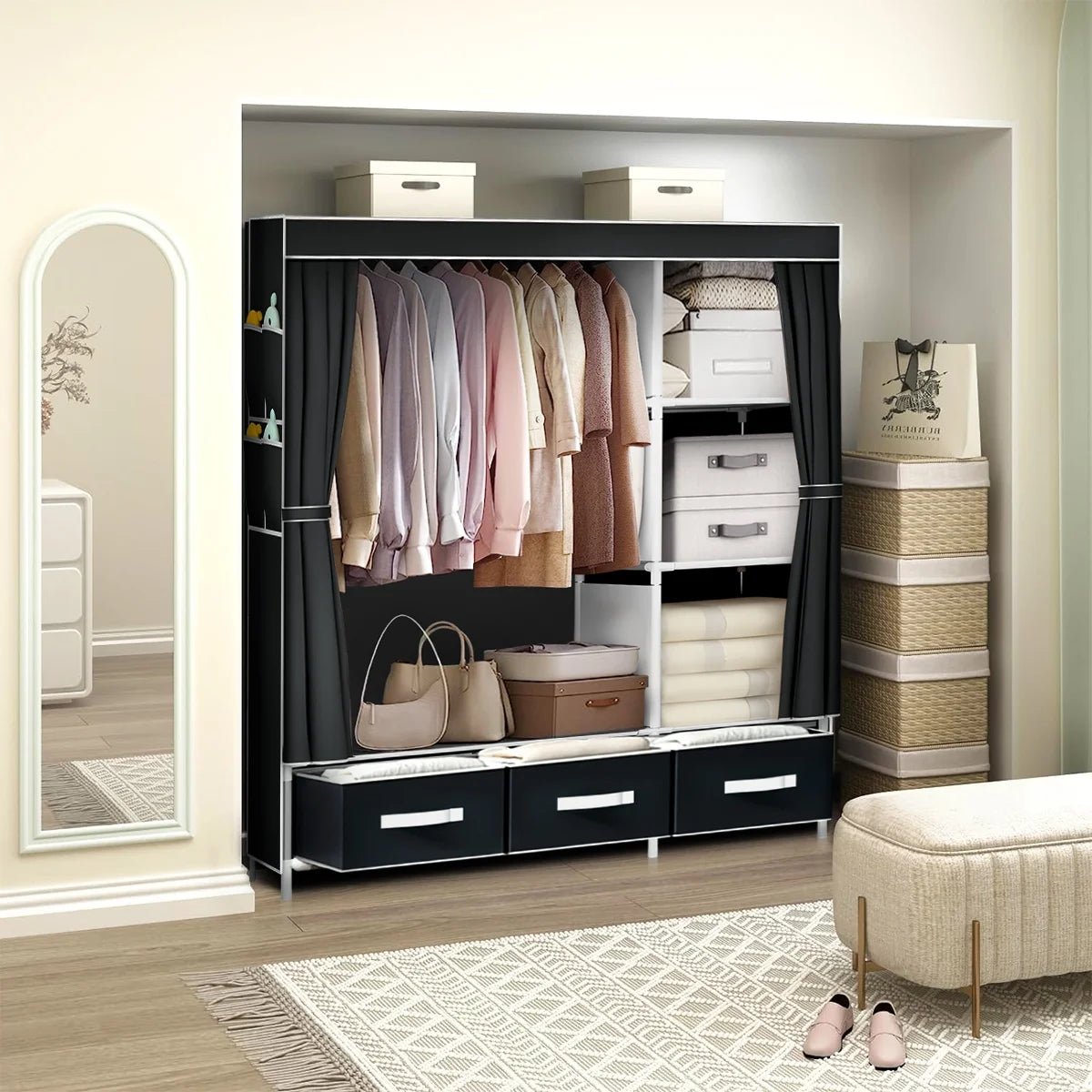 Portable Closet,Brochao Portable Wardrobe with 3 Drawer and 4 Storage Shelves and Side Pocket for Clothes Storage Organizer