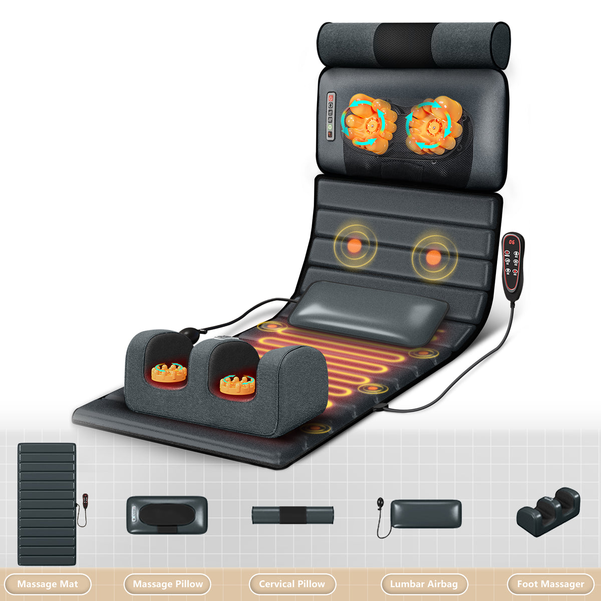 Brochao Full Body Massage Mat with Heat, Foot Massager, Whole Body Vibration Massage Chair Pad Cushion with Detachable Shiatsu Neck Massage Pillow