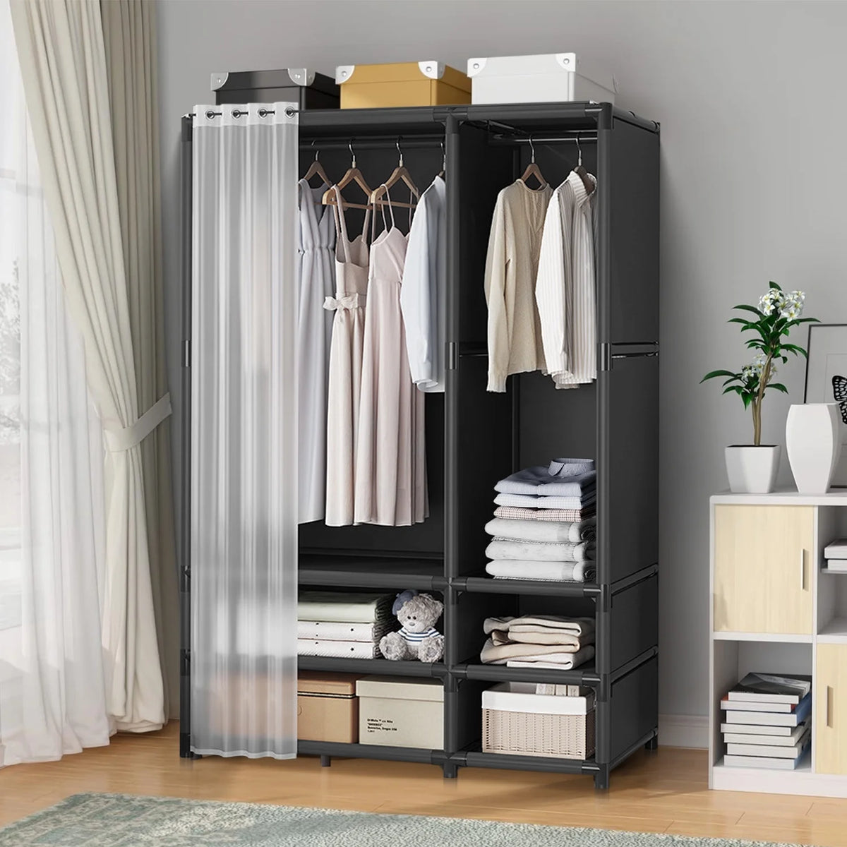 Portable Closet,Large Portable Wardrobe with 2 Hanging  & 4 Storage Shelves, Sturdy Clothes Storage Cabinet with Curtain for Living Room, Clothes Room