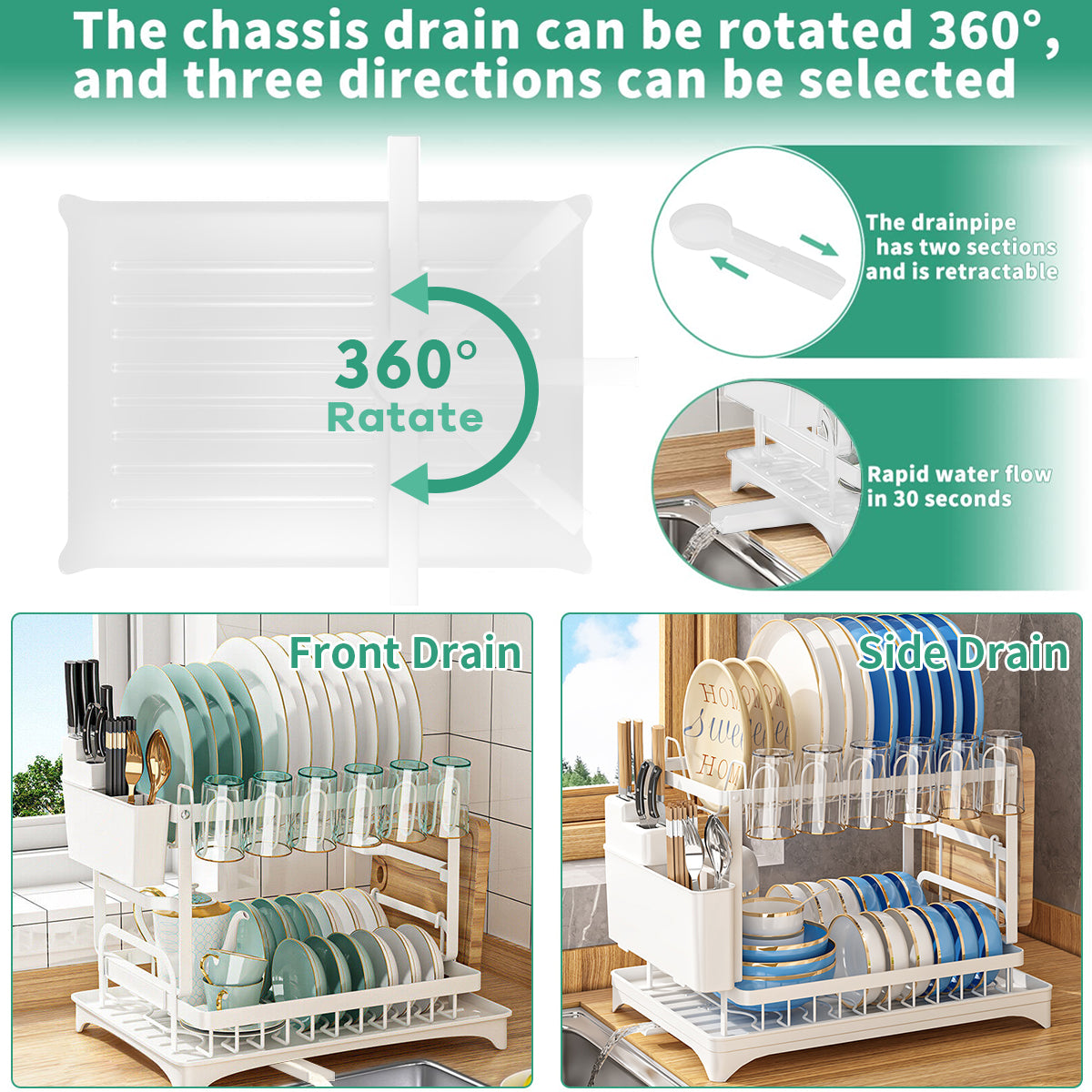 2-Tier Dish Rack, BRC Rustproof Dish Drainer with Drain Board and Utensil Holder for Kitchen