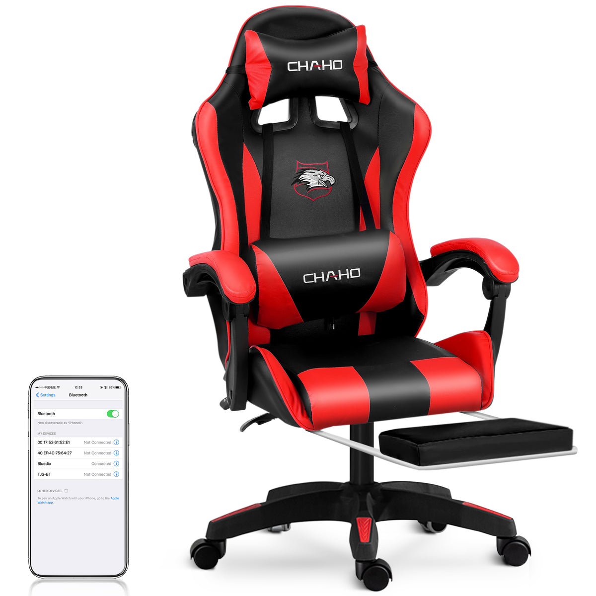 Gaming Chair, CHAHO Ergonomic Office Chair Computer Racing Chair with Footrest Lumbar Support Headrest and Bluetooth Speakers for adults, Red/White