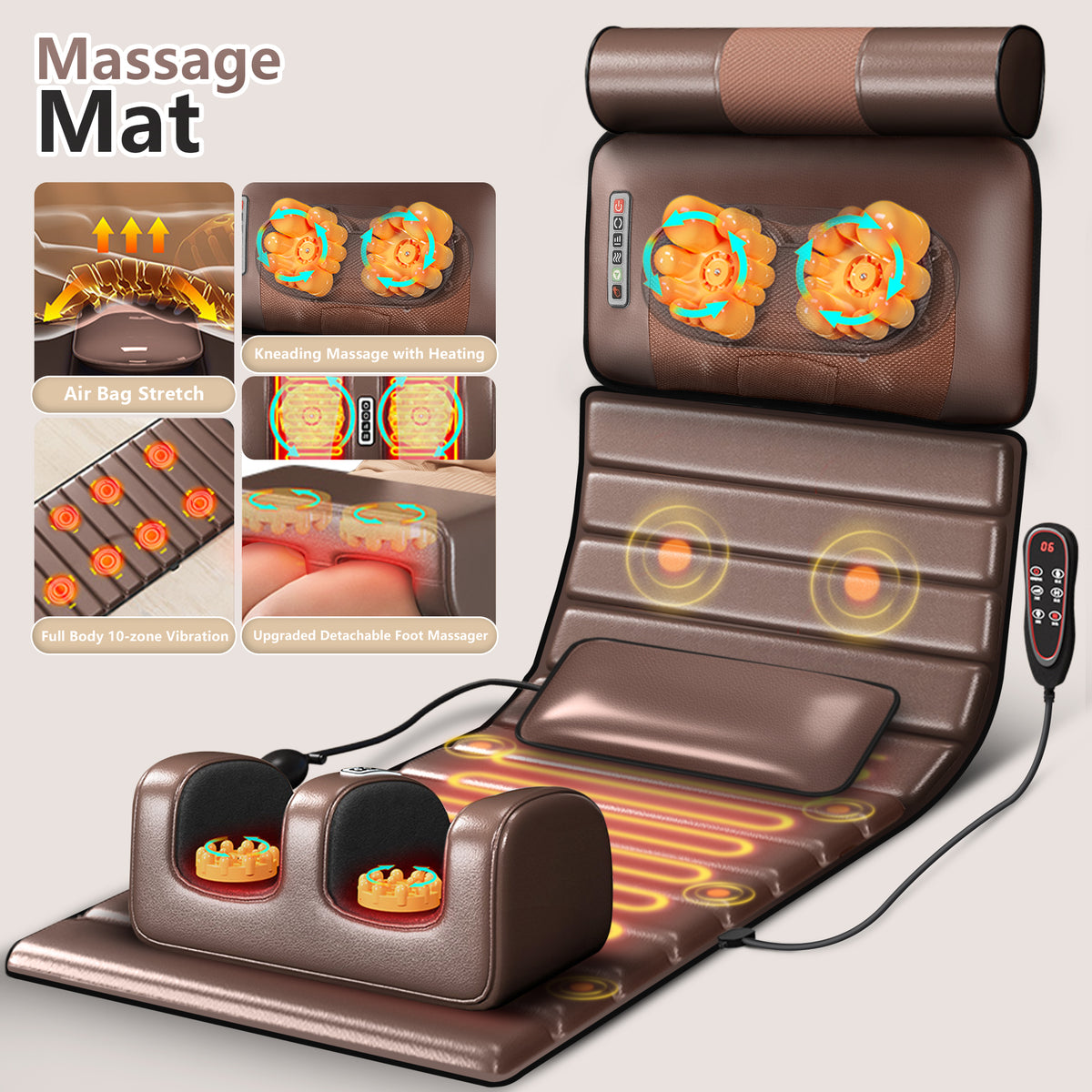 Brochao Full Body Massage Mat with Heat, Foot Massager, Whole Body Vibration Massage Chair Pad Cushion with Detachable Shiatsu Neck Massage Pillow
