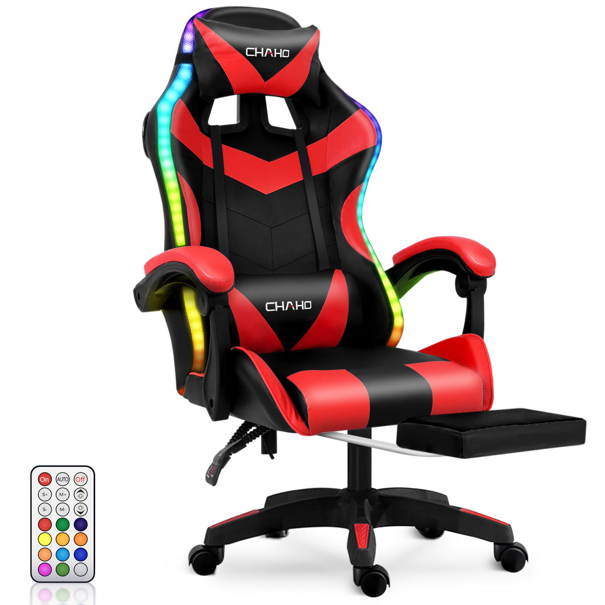Ergonomic Gaming Chair, CHAHO Gaming Chair with Speaker & LED Lights, Computer Racing Chair for Adults, PU Leather Office Chair with Footrest Lumbar Support Headrest, Red