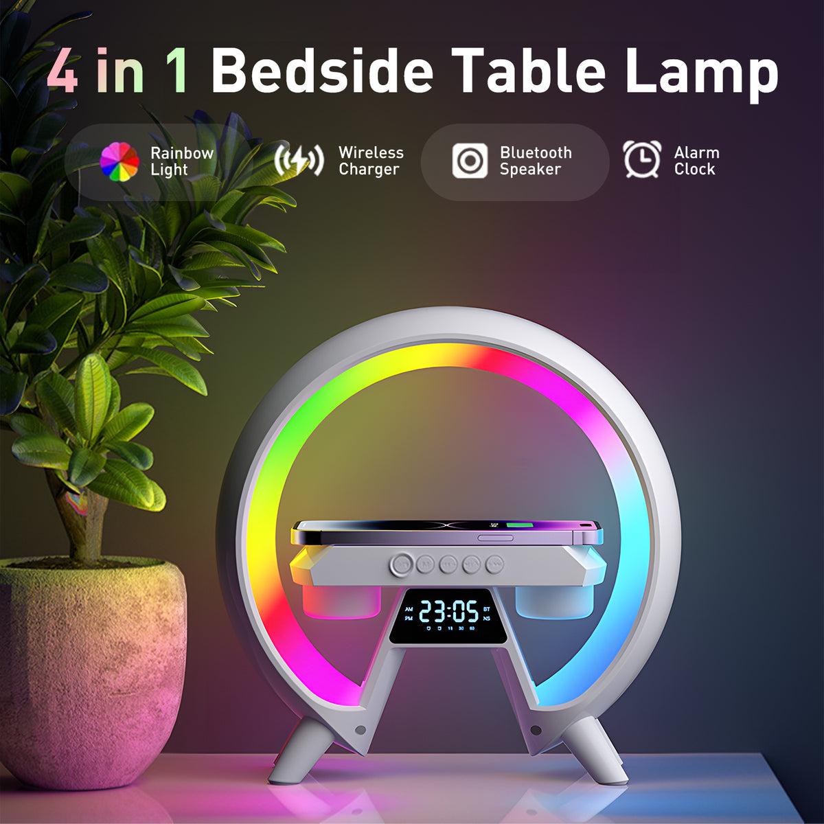Brochao Digital Alarm Clock with Wireless Charging, Bluetooth Speaker & Dimmable Night Light, 4 in 1 LED Table Lamp Desk Lamp for Bedroom Living Room Office