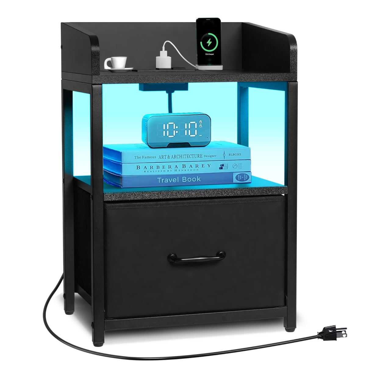 Brochao Nightstand with Charging Station, LED Light Night Stand with Fabric Drawers, Bedside Tables for Bedroom, Black