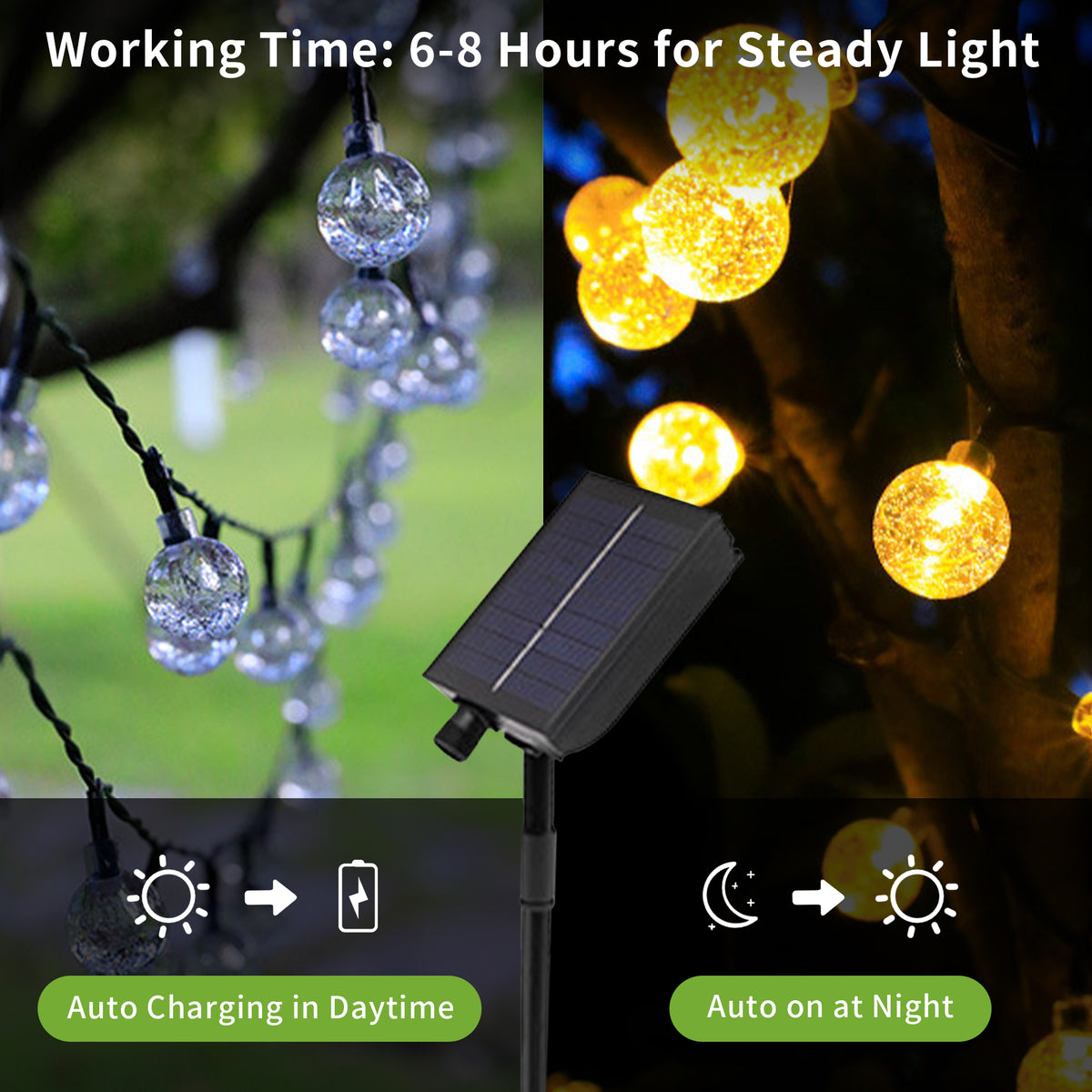Brochao Solar String Lights Outdoor Waterproof Solar Power LED Patio Lights for Porch Garden Market Bistro, 50 Lights, 23 ft