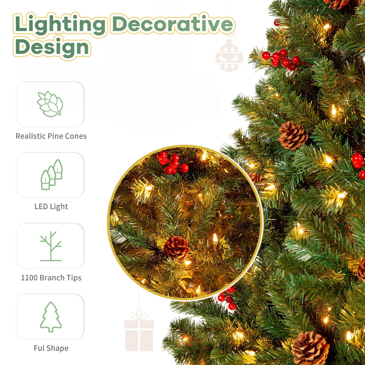 Christmas Tree, Brochao 7.9ft Pre-Lit Artificial Christmas Tree with 480 LED Lights 8 Modes and 1450 Branch Tips for Home Party Holiday Decoration
