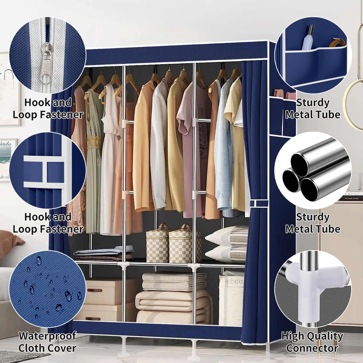 Portable Closet,Portable Wardrobe Closet Storage with 3 Hanging Rods,6 Storage Shelves,Side Pocket for Clothes Storage Organizer