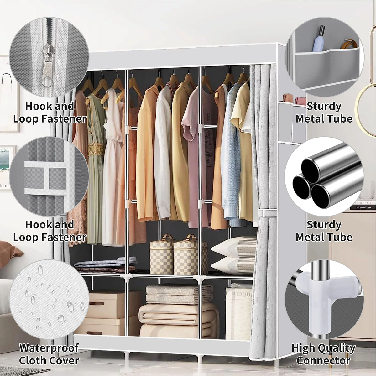 Portable Closet,Portable Wardrobe Closet Storage with 3 Hanging Rods,6 Storage Shelves,Side Pocket for Clothes Storage Organizer