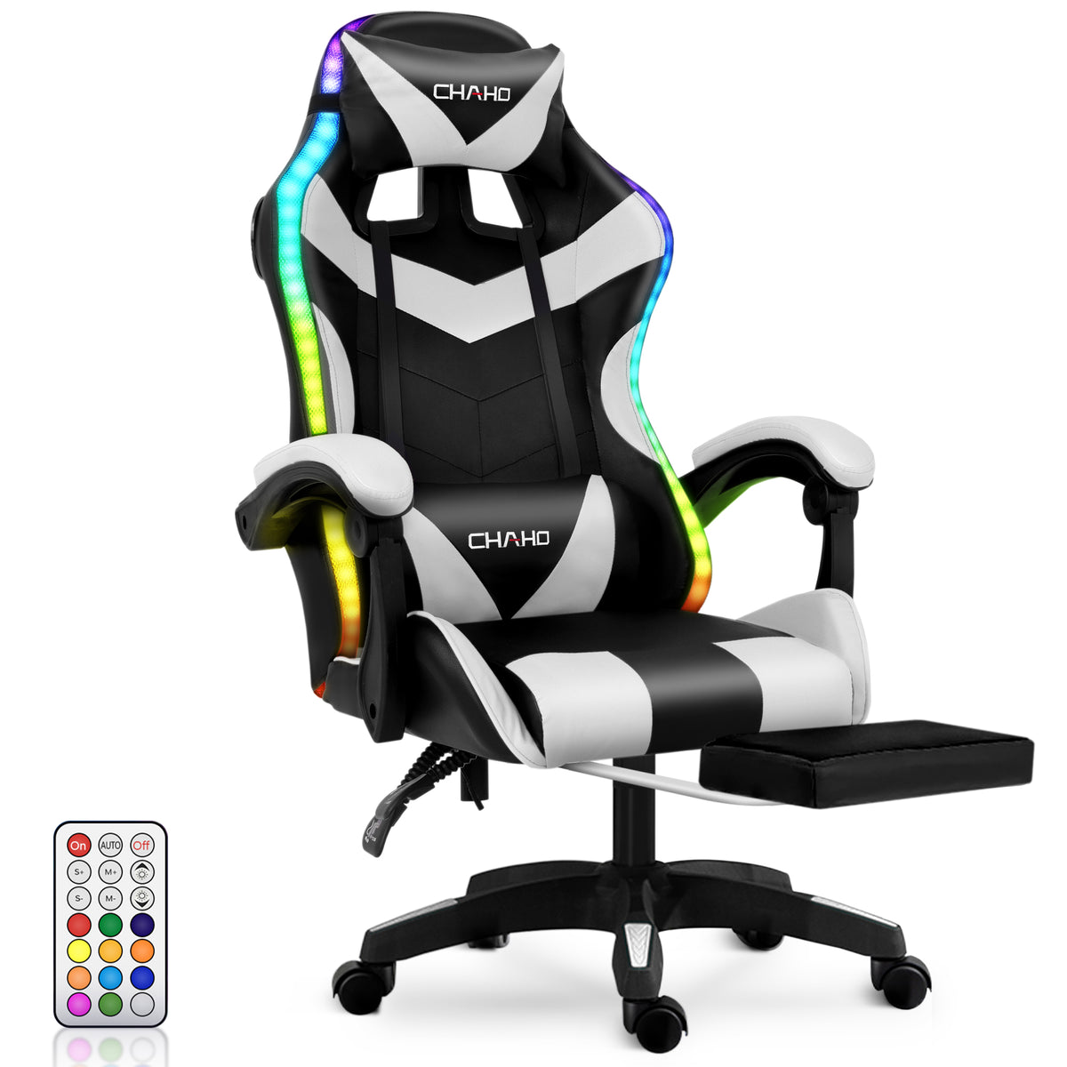 Ergonomic Gaming Chair, CHAHO Gaming Chair with Speaker & LED Lights, Computer Racing Chair for Adults, PU Leather Office Chair with Footrest Lumbar Support Headrest, Red