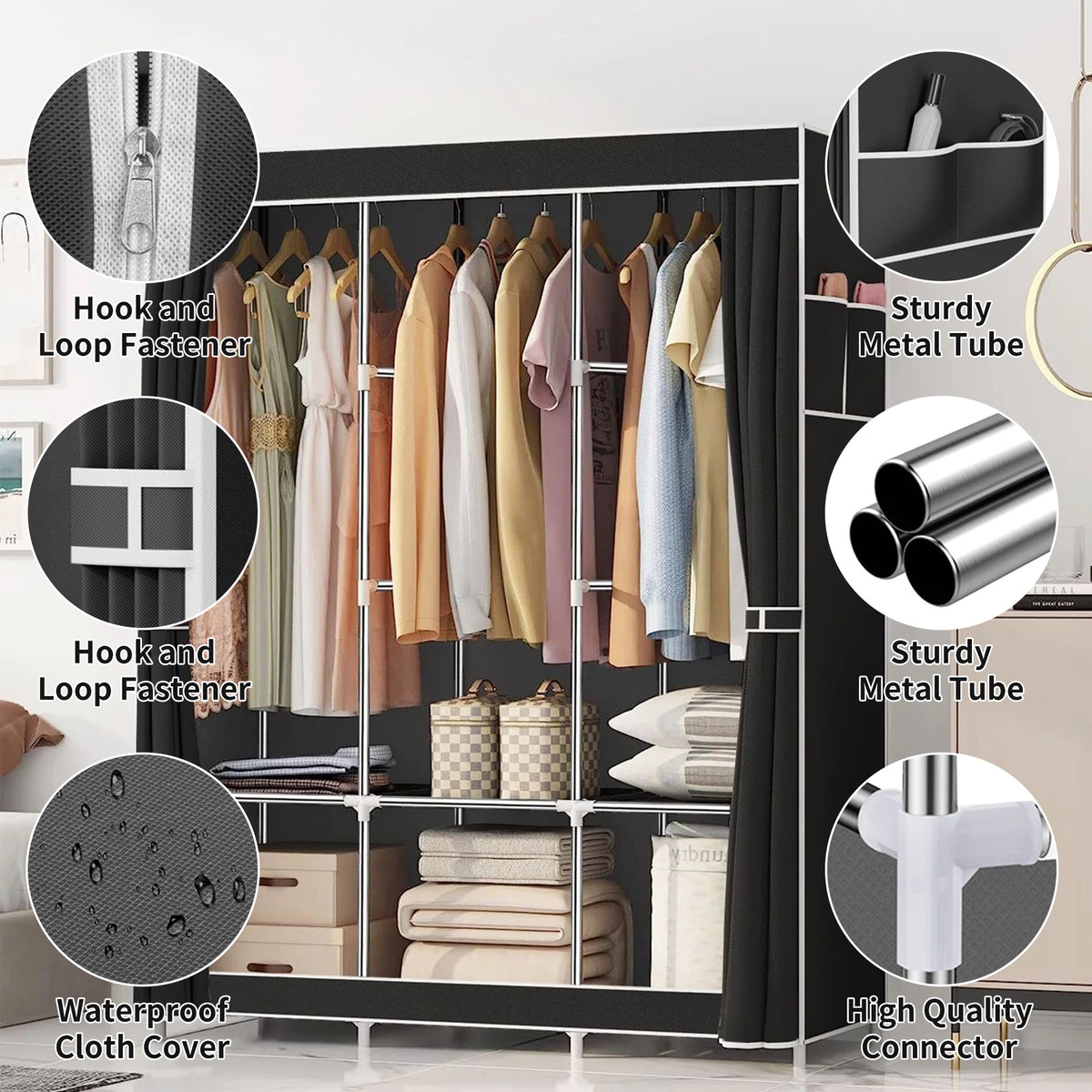 Portable Closet,Portable Wardrobe Closet Storage with 3 Hanging Rods,6 Storage Shelves,Side Pocket for Clothes Storage Organizer