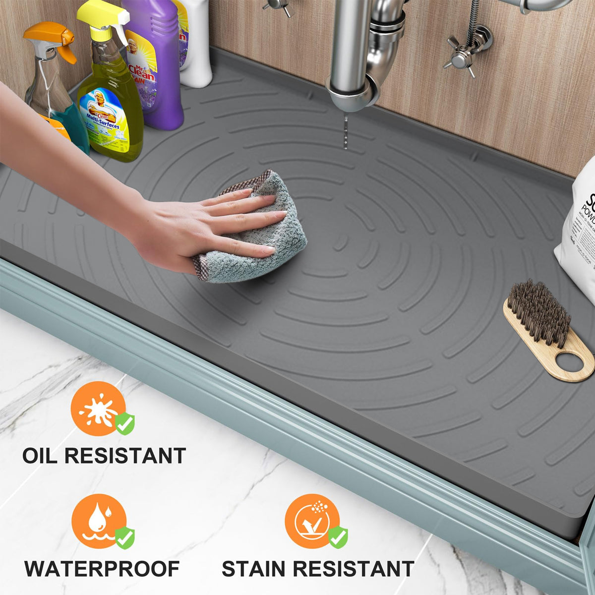 Under Sink Mat for Kitchen Waterproof, 34" x 22" Oil Resistant & Easy to Clean, Gray