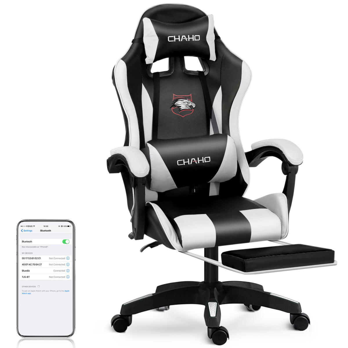 Gaming Chair, CHAHO Ergonomic Office Chair Computer Racing Chair with Footrest Lumbar Support Headrest and Bluetooth Speakers for adults, Red/White