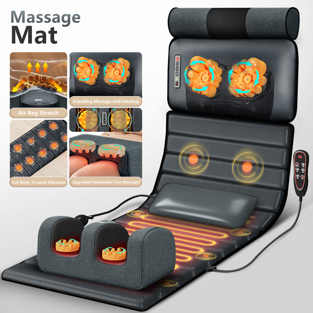 Brochao Full Body Massage Mat with Heat, Foot Massager, Whole Body Vibration Massage Chair Pad Cushion with Detachable Shiatsu Neck Massage Pillow
