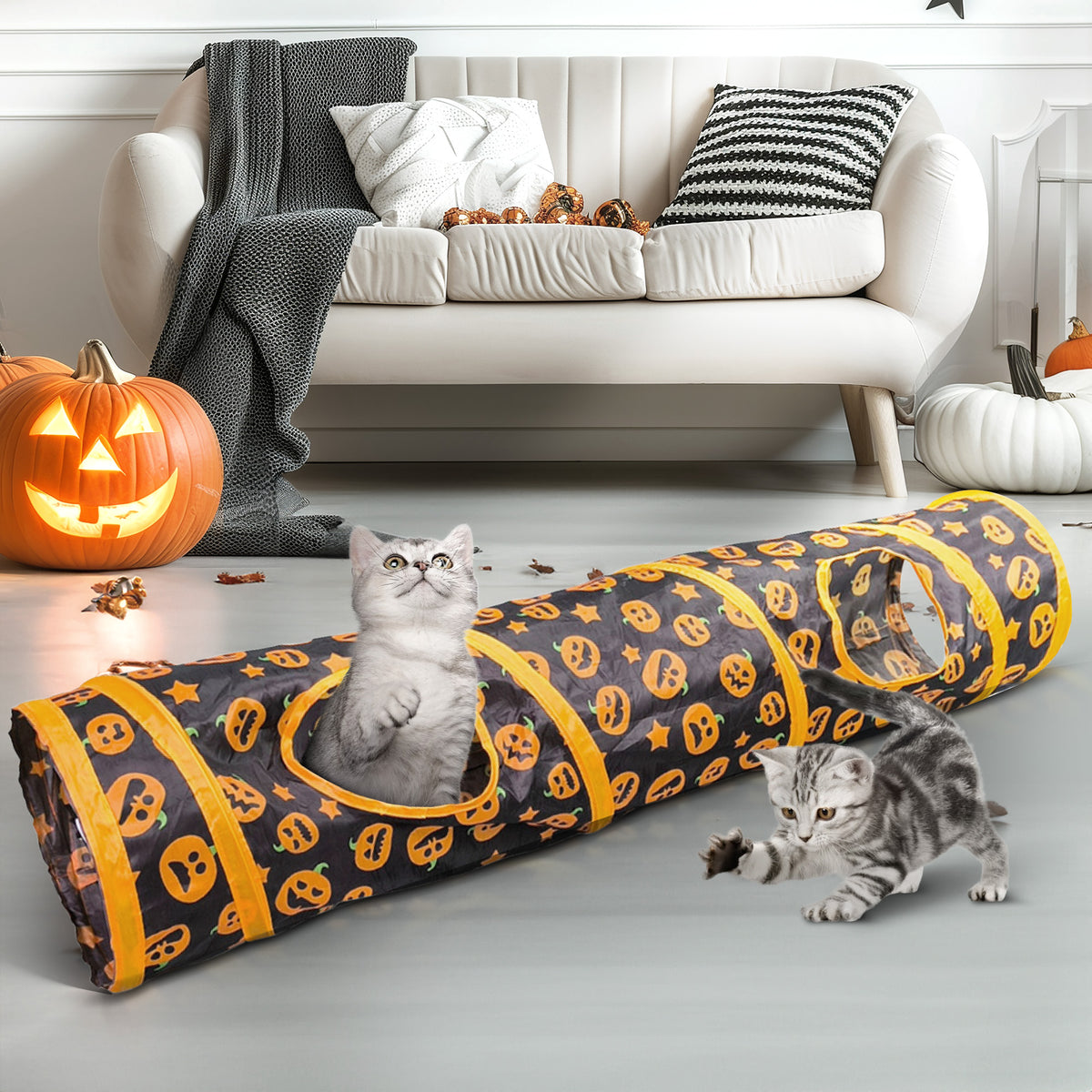 Indoor Cat Interactive Tunnel, 43.3-Inch Fun Patterned Tubular Toy, Fold able Pop-Up Easy to Clean