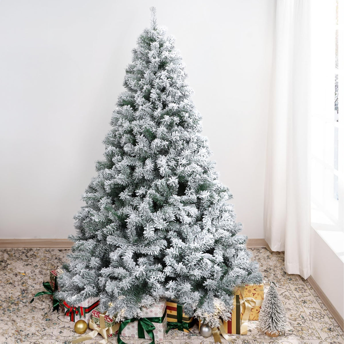 Brochao 7.9ft Snow Flocked Christmas Tree, Artificial PVC Xmas Pine Tree with 1100 Branch Tips, Outdoor Indoor Unlit Holiday Decor