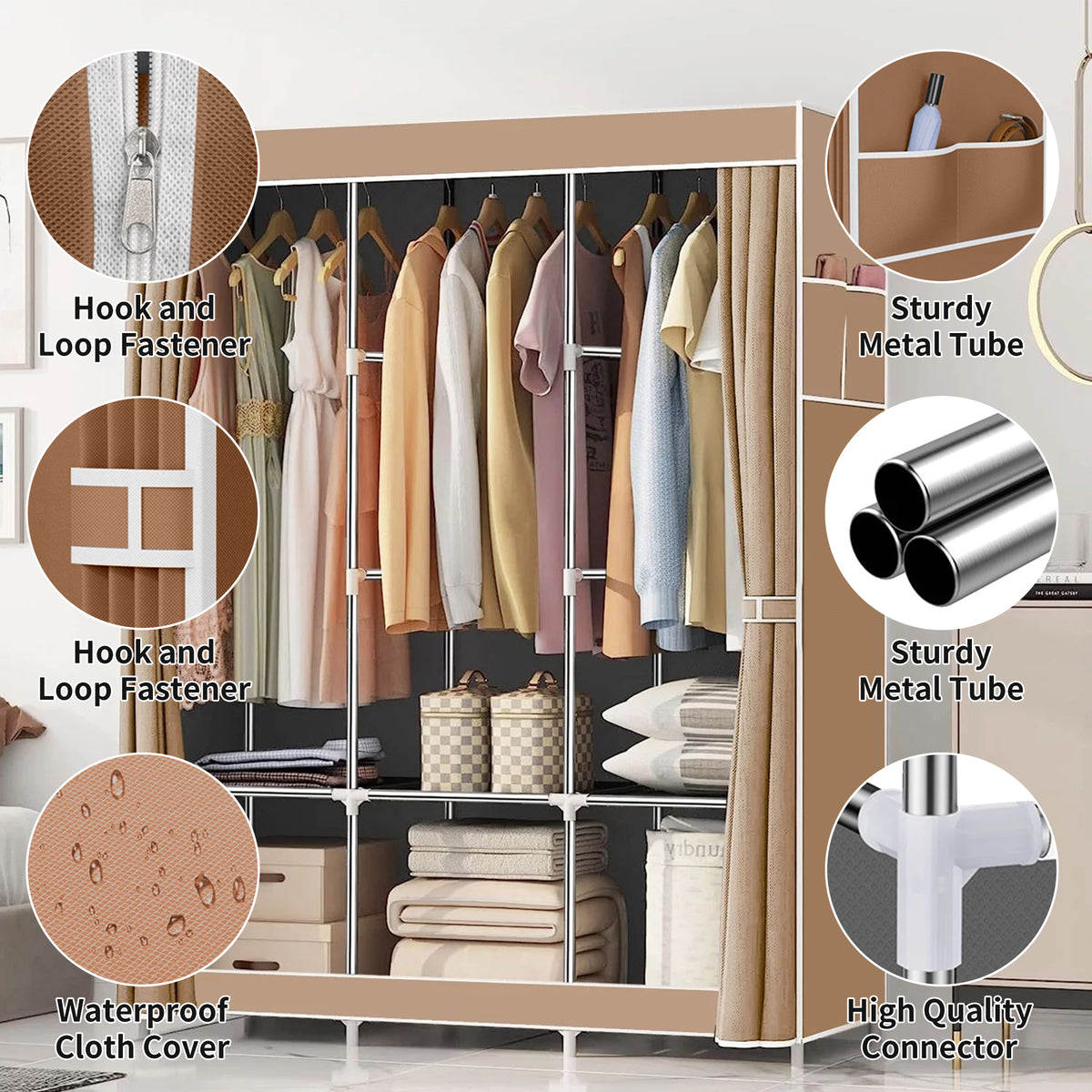 Portable Closet,Portable Wardrobe Closet Storage with 3 Hanging Rods,6 Storage Shelves,Side Pocket for Clothes Storage Organizer