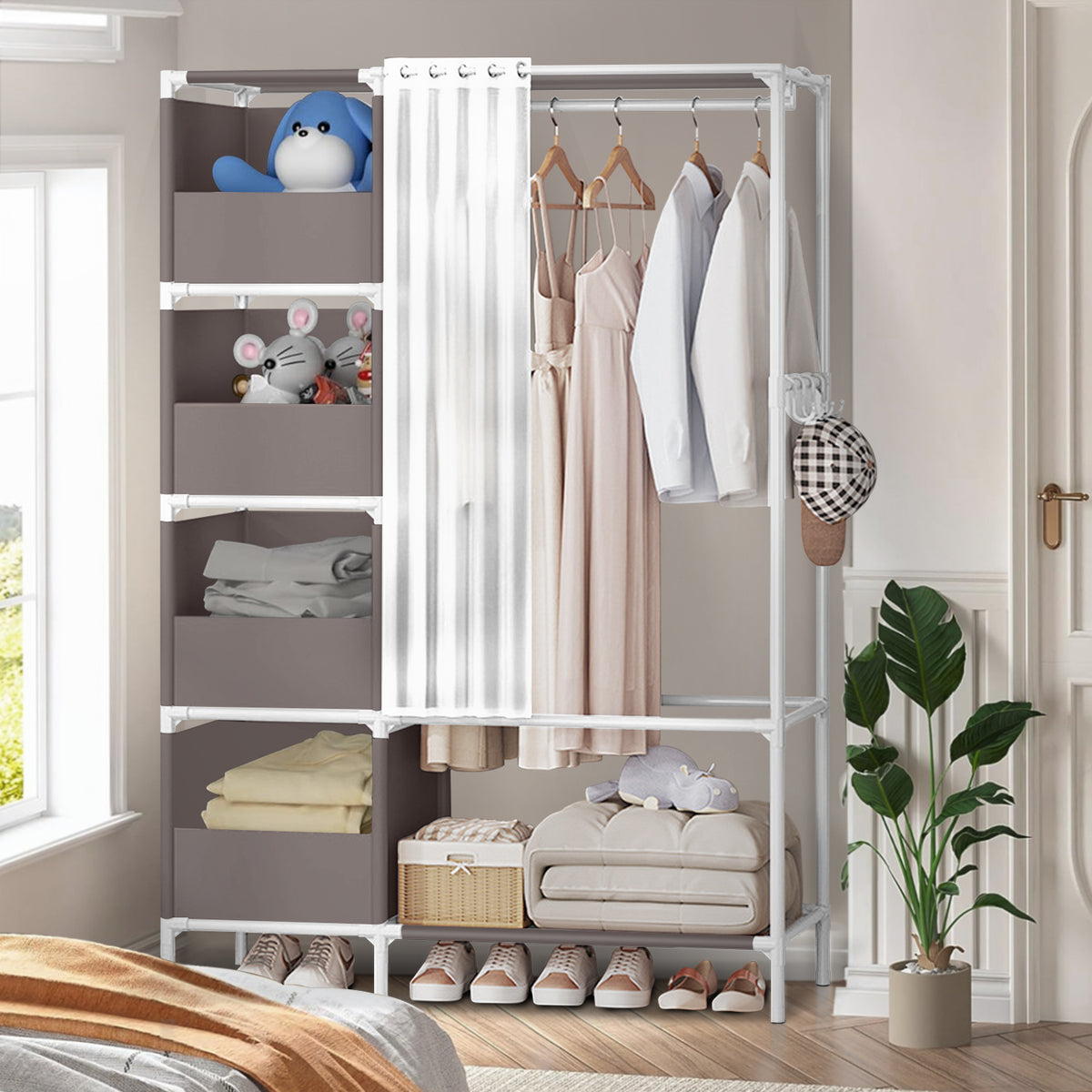 Portable Closet, Brochao Portable Wardrobe with 4 Storage Closet, Clothes Storage Cabinet with Curtain, for Living Room, Bedroom, Clothes Room