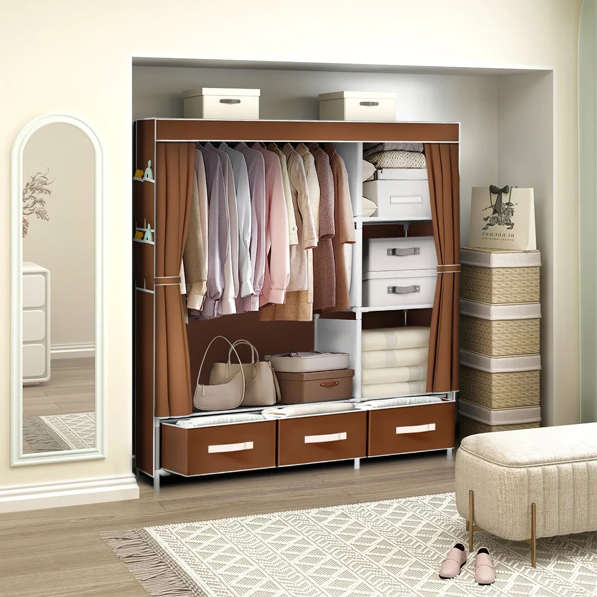 Portable Closet,Brochao Portable Wardrobe with 3 Drawer and 4 Storage Shelves and Side Pocket for Clothes Storage Organizer