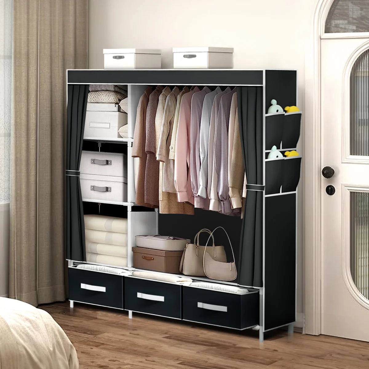 Portable Closet,Brochao Portable Wardrobe with 3 Drawer and 4 Storage Shelves and Side Pocket for Clothes Storage Organizer