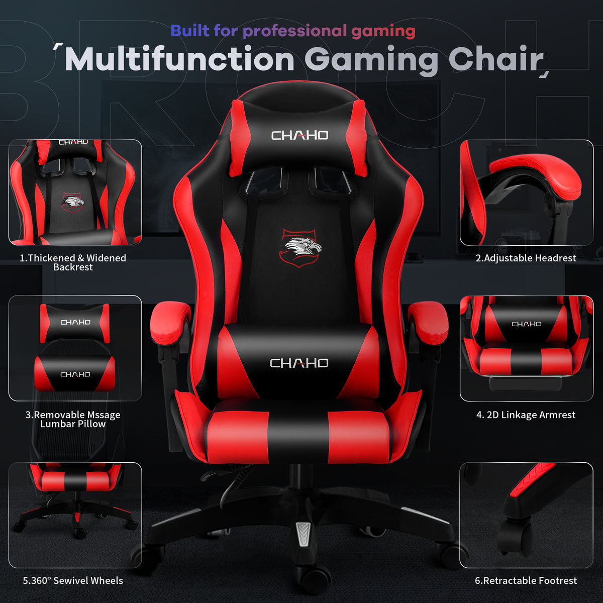 Gaming Chair, CHAHO Ergonomic Office Chair Computer Racing Chair with Footrest Lumbar Support Headrest and Bluetooth Speakers for adults, Red/White