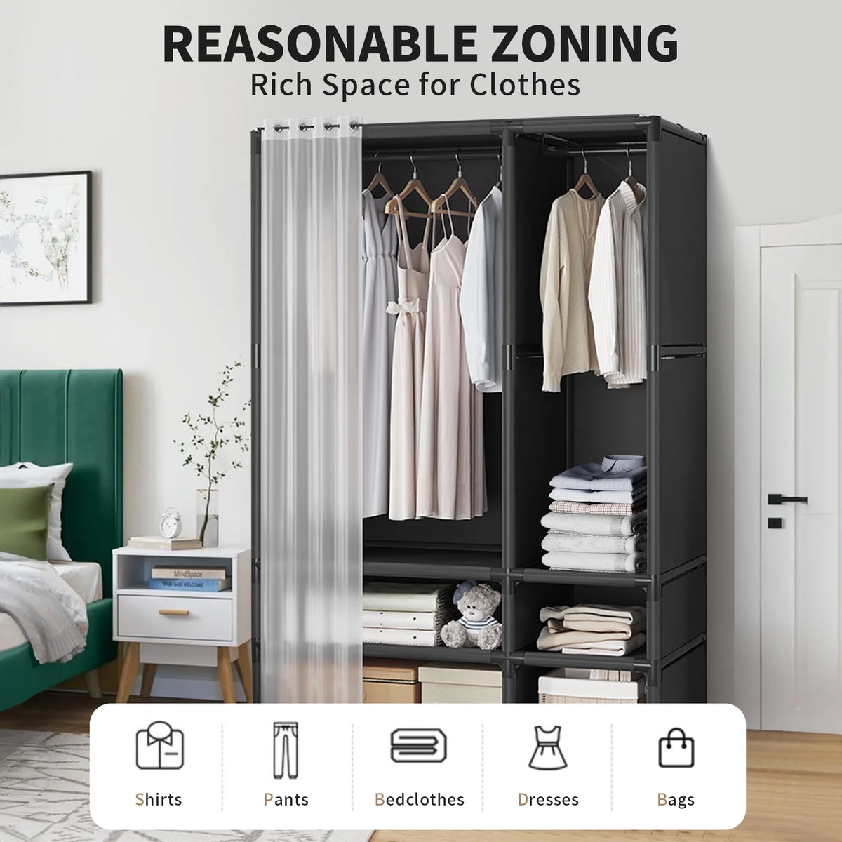 Portable Closet,Large Portable Wardrobe with 2 Hanging  & 4 Storage Shelves, Sturdy Clothes Storage Cabinet with Curtain for Living Room, Clothes Room