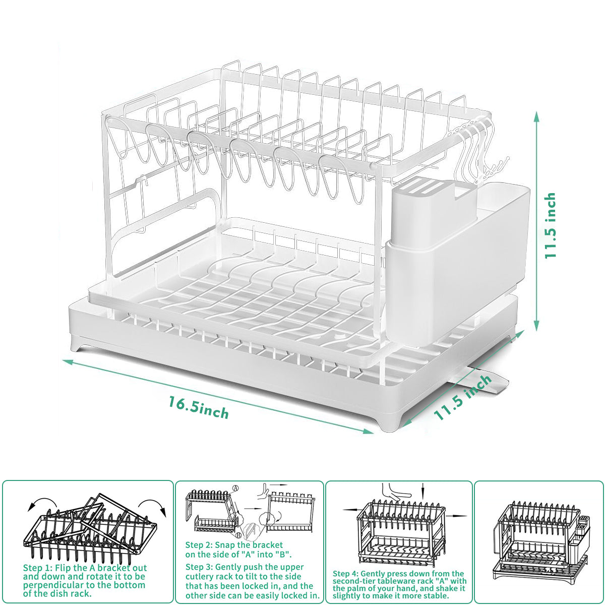 2-Tier Dish Rack, BRC Rustproof Dish Drainer with Drain Board and Utensil Holder for Kitchen