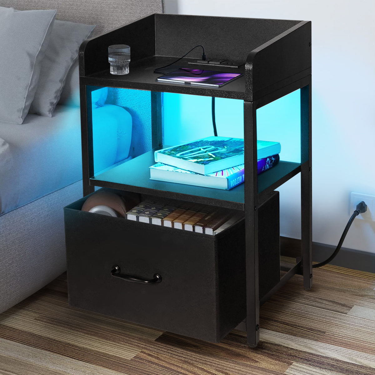 Brochao Nightstand with Charging Station, LED Light Night Stand with Fabric Drawers, Bedside Tables for Bedroom, Black