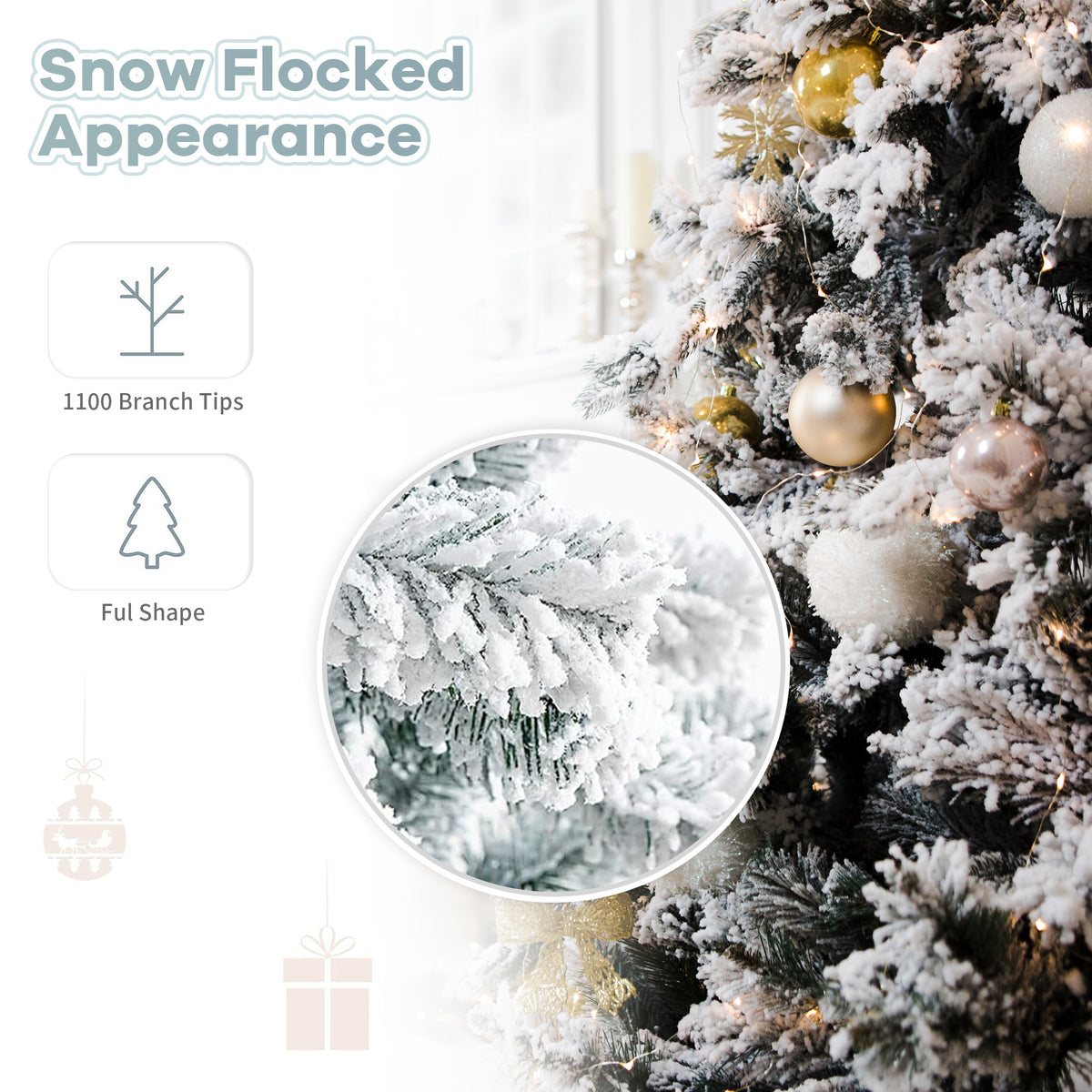 Brochao 7.9ft Snow Flocked Christmas Tree, Artificial PVC Xmas Pine Tree with 1100 Branch Tips, Outdoor Indoor Unlit Holiday Decor