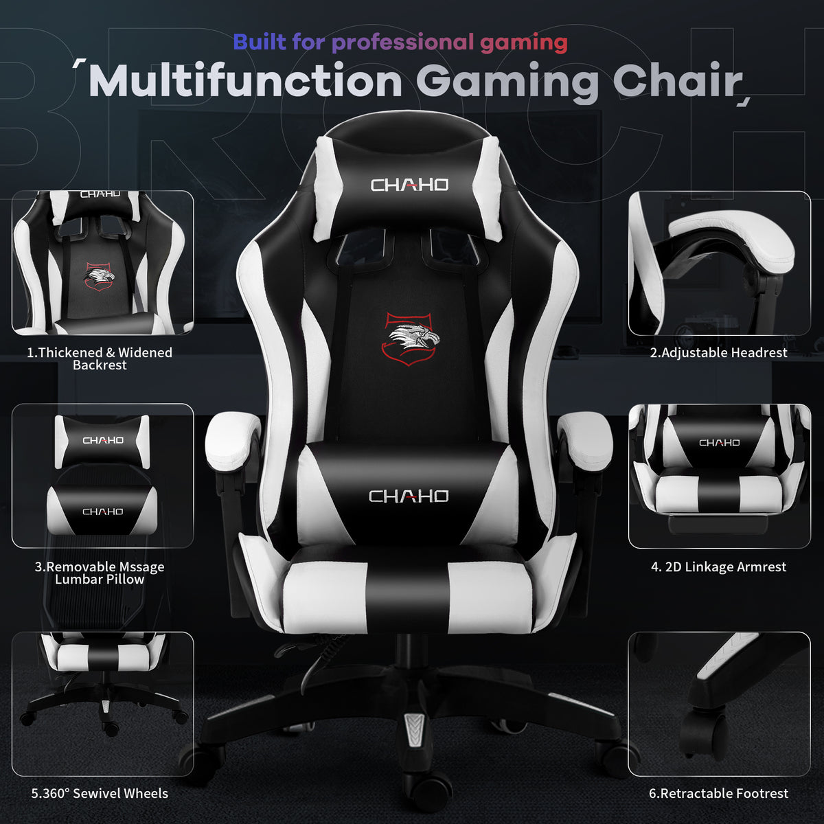Gaming Chair, CHAHO Ergonomic Office Chair Computer Racing Chair with Footrest Lumbar Support Headrest and Bluetooth Speakers for adults, Red/White