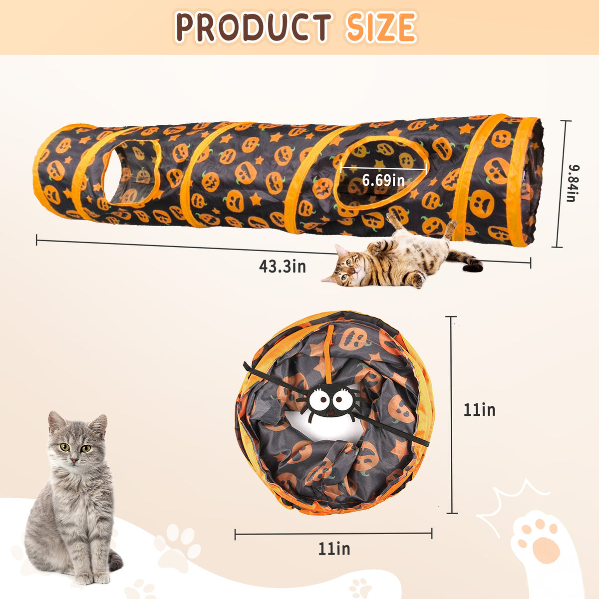 Indoor Cat Interactive Tunnel, 43.3-Inch Fun Patterned Tubular Toy, Fold able Pop-Up Easy to Clean