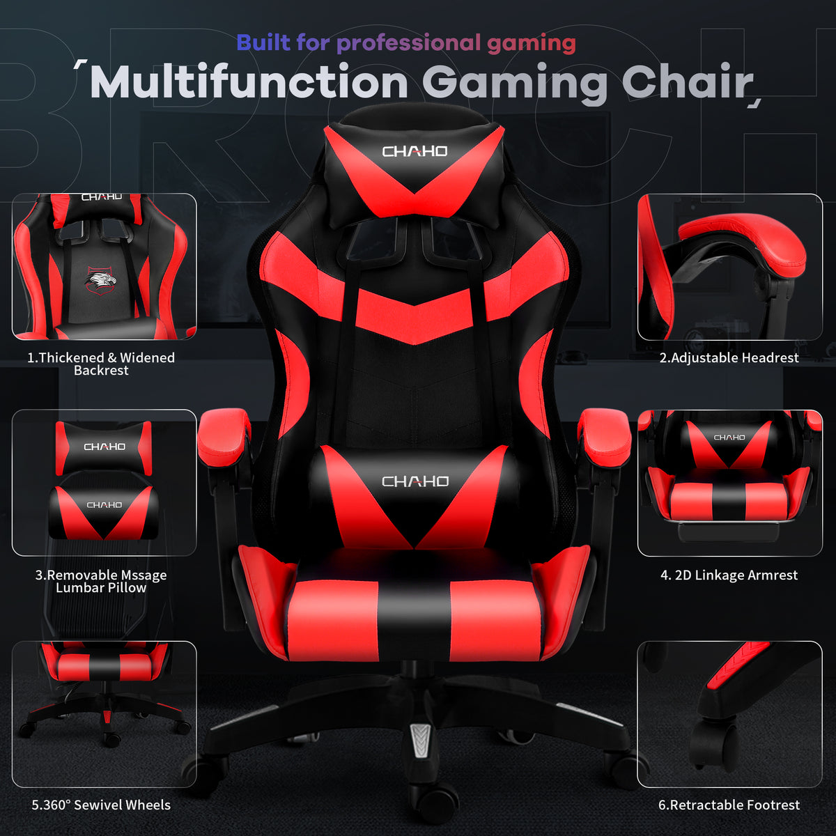 Ergonomic Gaming Chair, CHAHO Gaming Chair with Speaker & LED Lights, Computer Racing Chair for Adults, PU Leather Office Chair with Footrest Lumbar Support Headrest, Red
