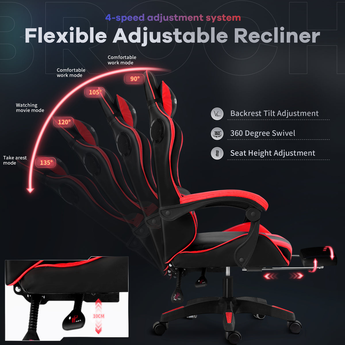 Gaming Chair, CHAHO Ergonomic Office Chair Computer Racing Chair with Footrest Lumbar Support Headrest and Bluetooth Speakers for adults, Red/White