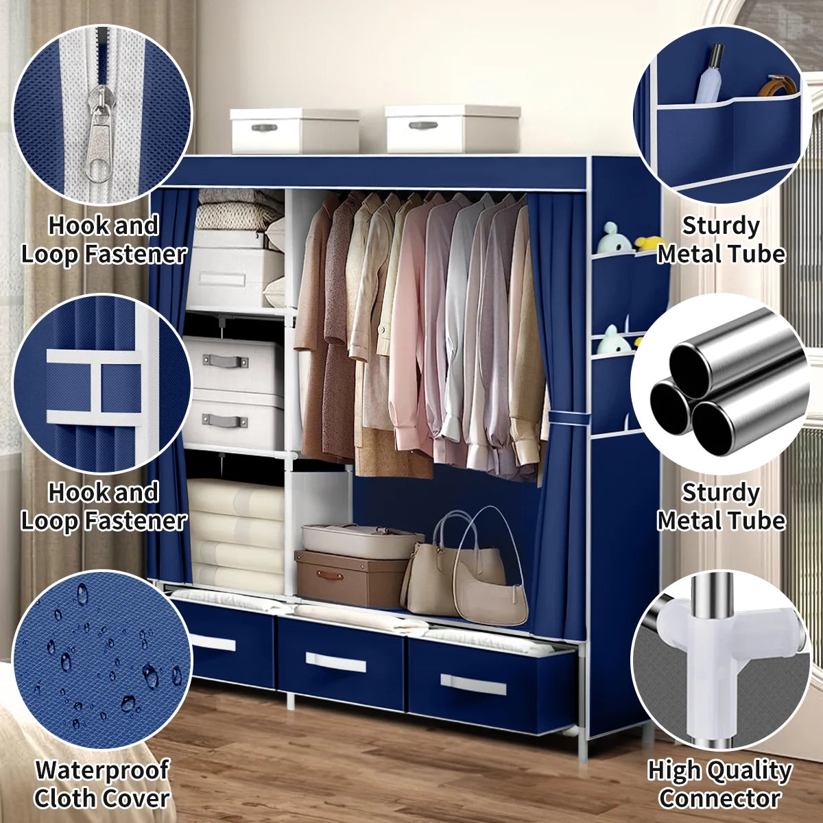Portable Closet,Brochao Portable Wardrobe with 3 Drawer and 4 Storage Shelves and Side Pocket for Clothes Storage Organizer