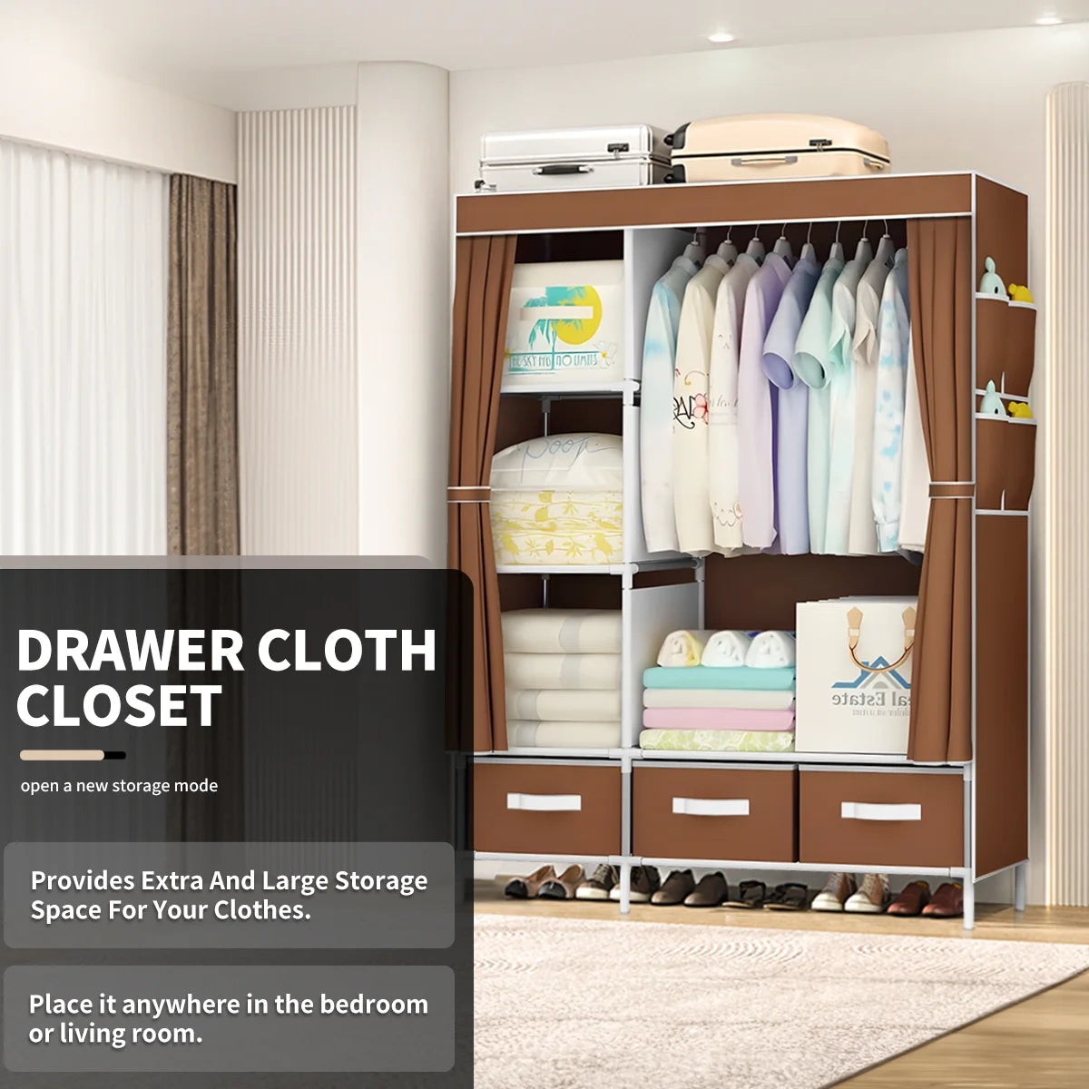 Portable Closet,Brochao Portable Wardrobe with 3 Drawer and 4 Storage Shelves and Side Pocket for Clothes Storage Organizer