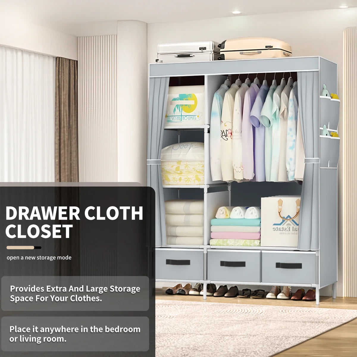 Portable Closet,Brochao Portable Wardrobe with 3 Drawer and 4 Storage Shelves and Side Pocket for Clothes Storage Organizer