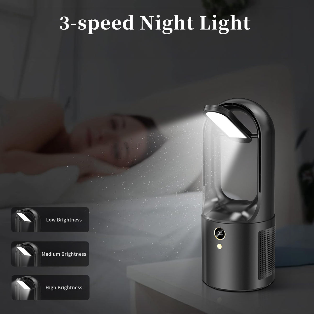 Bladeless Fan with LED Light, 13 inch Personal Desk Fan, with 6 Speeds and 3 Light Modes, for Bedroom Home Office Desktop