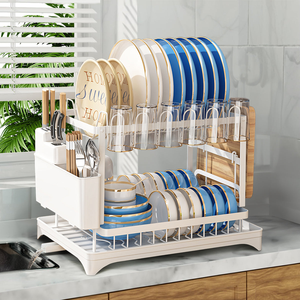 2-Tier Dish Rack, BRC Rustproof Dish Drainer with Drain Board and Utensil Holder for Kitchen