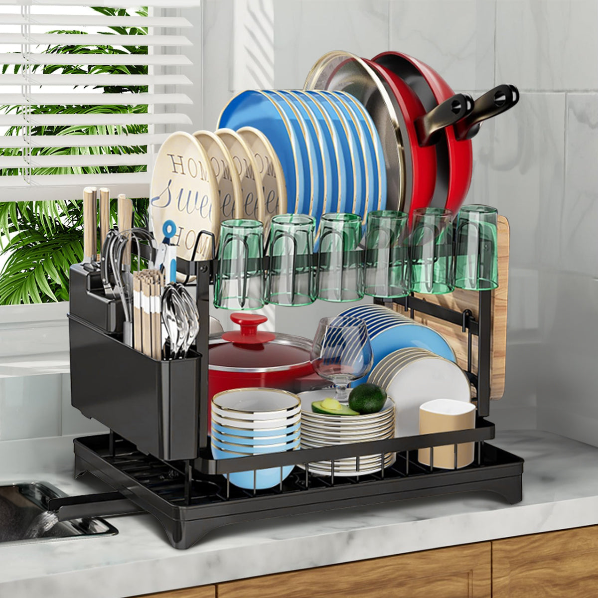 2-Tier Dish Rack, BRC Rustproof Dish Drainer with Drain Board and Utensil Holder for Kitchen