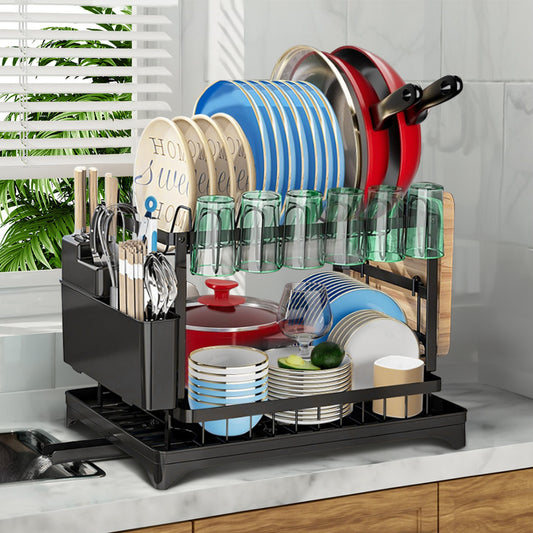 2-Tier Dish Rack, BRC Rustproof Dish Drainer with Drain Board and Utensil Holder for Kitchen