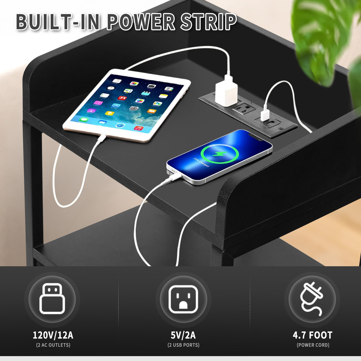 Brochao Nightstand with Charging Station, LED Light Night Stand with Fabric Drawers, Bedside Tables for Bedroom, Black