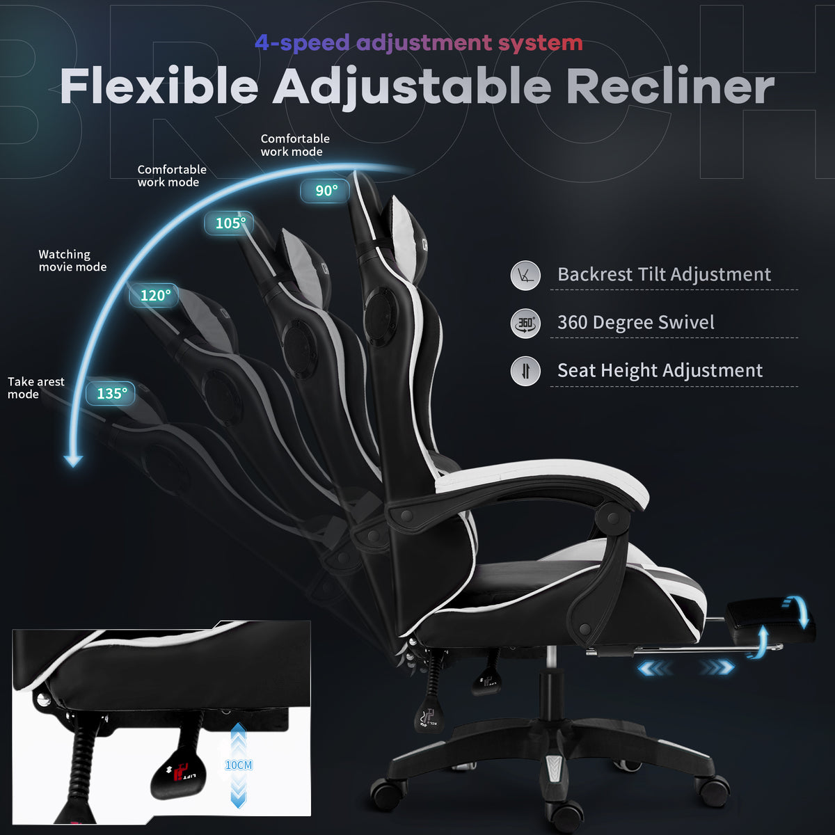 Gaming Chair, CHAHO Ergonomic Office Chair Computer Racing Chair with Footrest Lumbar Support Headrest and Bluetooth Speakers for adults, Red/White