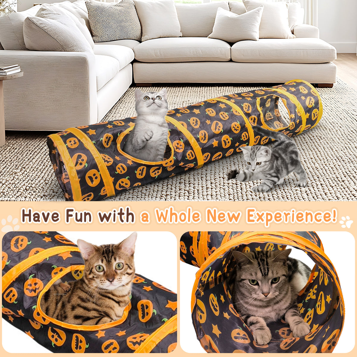 Indoor Cat Interactive Tunnel, 43.3-Inch Fun Patterned Tubular Toy, Fold able Pop-Up Easy to Clean